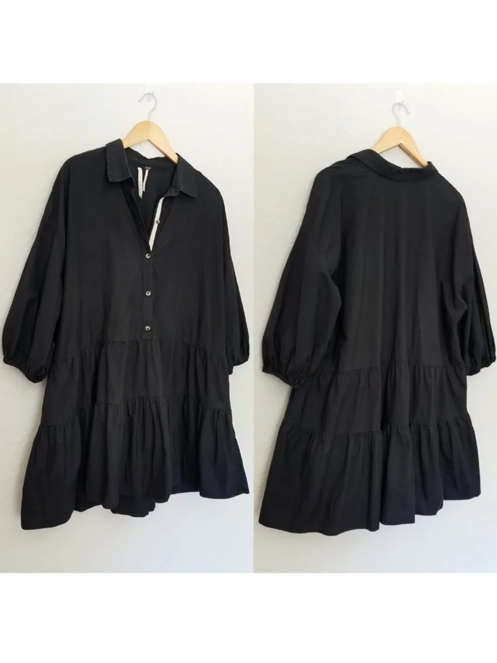 Free People Black Misha Mini Dress Size M Poplin 100% Cotton Tiered Babydoll
